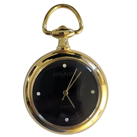 Vintage JOAN RIVERS Classic Gold Tone Black Pendant Pocket WATCH - Picture 1 of 8